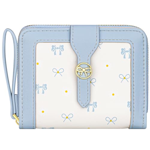 Image of BIAOTIE Wallet for Women Cute Floral Flower Wallet RFID Credit Card Holder Purse Small Bifold Zipper Coin Pocket Purse with ID Windows (Bow Blue)