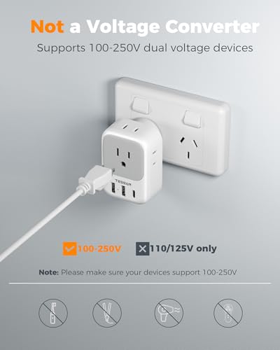 Image of TESSAN US to Australia Plug Adapter Type I Travel Adaptor | 4 American Outlets, 3 USB Ports (1 USB C 20W), For USA to Australian Argentina China Fiji Samoa, New Zealand Power Adapter