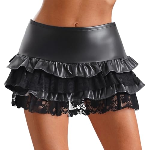 Linjinx Women's Faux Leather Y2k Mini Skirt with Layered Ruffle Hem Lace Patchwork Punk Skirt