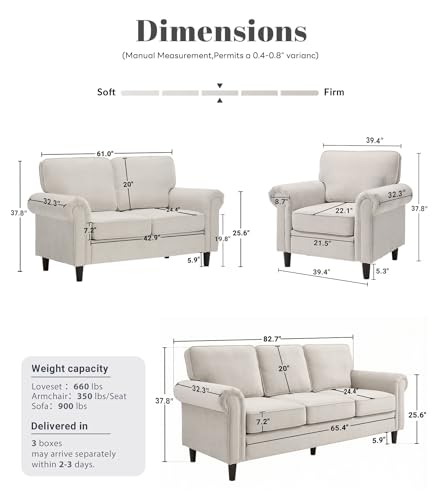 Image of Kingfun Loveseat 2&3 Seater Couch with Chair, Mid Century Modern Chenille Sofa Set with Rolled Arms and Deep Seats, Fluffy Comfort for Living Room, Apartment, Easy Assembly, Beige