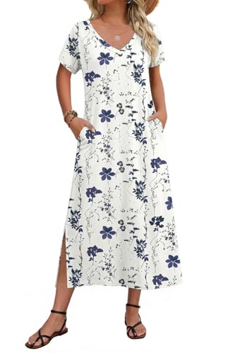 Image of Zeagoo Women Summer Floral Dress Short Sleeve Beach Dress with Pockets Casual V-Neck Split Long T-Shirt Dress Travel Vacation
