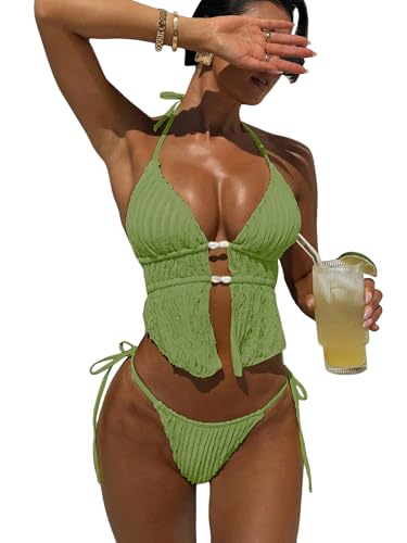 Image of RoseSeek Women's 2 Piece Boho Polka Dots Beaded Bikini Sets Sexy Swimsuits | Halter Swimsuits, Backless, Textured, Tie Side, Tankini Set, Bathing Suits, Summer, Vacation