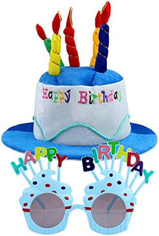 GLAITC Happy Birthday Hat,Birthday Hat with Birthday Glasses Plush Happy Birthday Cake Hat for Birthday Party Glasses for Girls Adults Party Decoration blue