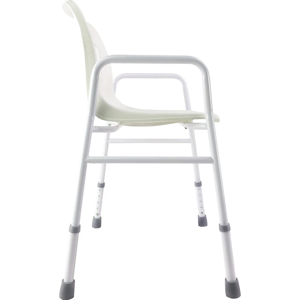 Łazienkowe krzesło prysznicowe z regulacją wysokości – 820 mm do 920 mm – wbudowane otwory odpływowe – antypoślizgowe gumowe tulejki – oparcie i poręcze – limit wagi 127 kg