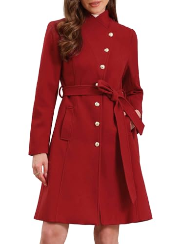 Image of Allegra K Pea Coats for Women Long Winter Stand Collar Belted Single Breasted Trench Coat 2025 Medium Red