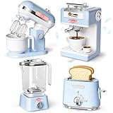 B Bascolor Play Kitchen Accessories, Play Kitchen Appliances Toy Set with Realistic Coffee Maker Machine, Toaster, Mixer and Blender, Kids Kitchen Playset with Sound & Light for Kids Age 3–5 4-8
