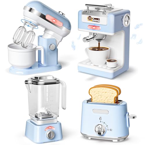 B Bascolor Play Kitchen Accessories, Play Kitchen Appliances Toy Set with Realistic Coffee Maker Machine, Toaster, Mixer and Blender, Kids Kitchen Playset with Sound & Light for Kids Age 3–5 4-8