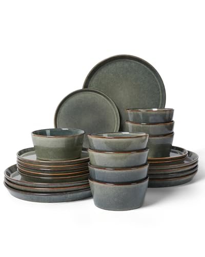 Image of Ceramic Plates and Bowls Sets for 8, 24pcs Dinnerware Sets, Dish Set | Reactive Glaze Stoneware Dishes Set, Microwave & Dishwasher Safe, Scratch Resistant, Easy Cleaning Dishware sets, Green Wheat