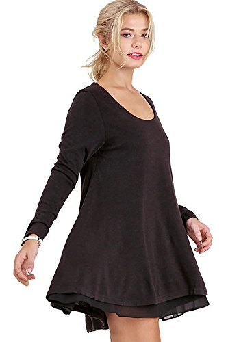 Umgee Long Sleeve Layered Flare Dress Tunic (Small, Black)