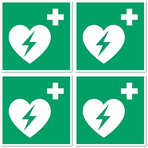 Automatisierter Externer Defibrillator (AED), Rettungszeichen: E010 - DIN EN ISO 7010 / ASR A1.3 - Aufkleber: 10 cm, 4 Stück