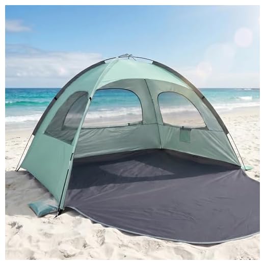 WhiteFang Beach Tent Anti-UV Portable Sun Shade Shelter for 3 Person, Extendable Floor with 3 Ventilating Mesh Windows Plus Carrying Bag, Stakes and Guy Lines (Mint Green)