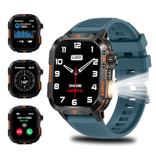 QTLLBT Smartwatch LED Flashlight Barometer Altimeter Compass 2.01HD Fitness Tracker Pedometer Multiple Watch Faces 100+ Sports Modes Sleep Heart Rate for Android iOS Men's Watch (Blue)