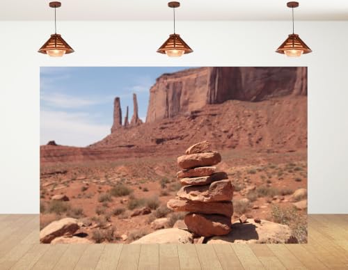 5x4ft Fabric Desert Rock Cairn Backdrop Stacked Red Stone Monument Valley Cliff Bush Clear Blue Sky Photography Background Tapestry Party Western Desert Decorations Photo Booth Props