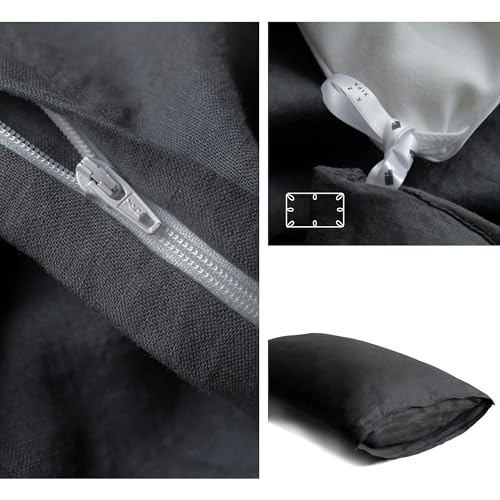 Image of XZ XIFA 100% Washed French Flax Linen Duvet Cover Set - 3 Pieces, Cooling & Textured Farmhouse Bedding for Hot Sleepers, with Zipper Closure (Dark Gray, Full)