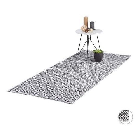 Relaxdays, schwarz-weiß Teppich Läufer, Flurteppich 100% Baumwolle Cover