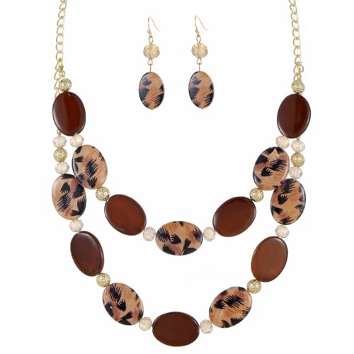 Xalroco 2 Layered Chunky Beaded Shell Necklace for Women Sea Shell Leopard Brown Statement Necklace and Earring Set Elegant Women Jewelry Sets (leopard brown)