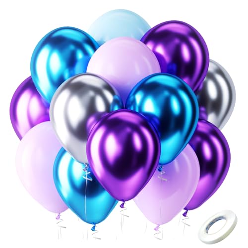 Bezente Frozen Balloons Kit, 60pcs 12 inch Blue Purple Latex Balloons Metallic Silver Helium Balloons for Girls Birthday Wedding Baby Bridal Shower Wonderland Winter Ice Snow Theme Party Decorations