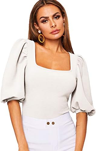Romwe Women's Casual Puff Sleeve Square Neck Slim Fit Crop Tee Tops White US 10/Large