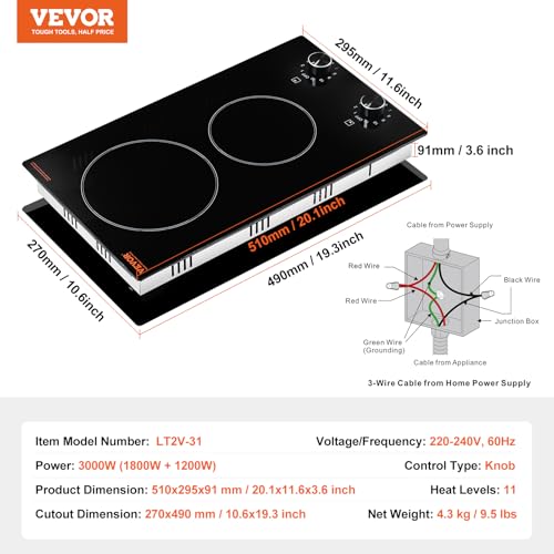 Image of VEVOR Electric Cooktop, 12 inch 2 Burners Built-in Electric Stove Top, 3000W Ceramic Top Radiant Cooktop, with 11 Heat Levels, Glass Panel, Knob Control, 220-240V, Hard Wire (No Plug)