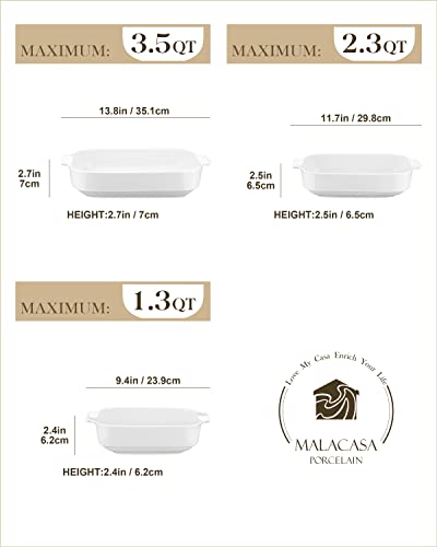 Malacasa Ceramic Baking Dish Set, Casserole Dishes For Oven, 3 Pcs Of White Porcelain Bakeware Sets(3.5Qt/2.3Qt/1.3Qt), Lasagna Pans With Handles For Gratin, Broiling, Roasting, Bake.bake Series #TOP1