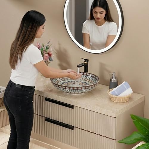 Image of BASSINO Designer Moroccan Ceramic Table Top Wash Basin /Multicolor Floral Art Bowl Sink for Bathroom /Handcrafted Round Countertop Washbasin for Office /Hotel(16 x 16 x 5 Inches)
