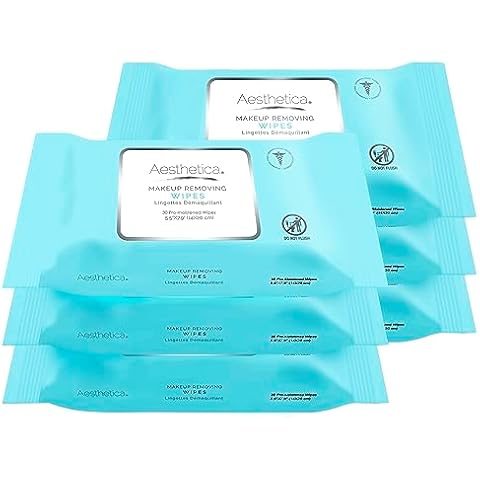 Aesthetica Makeup Removing Wipes - Face & Eye Makeup Remover Wipes - 6 Pack Bulk (180 Wipes Total) Hypoallergenic & Dermatologist Tested - Oil & Fragrance Free - Made in USA Cover