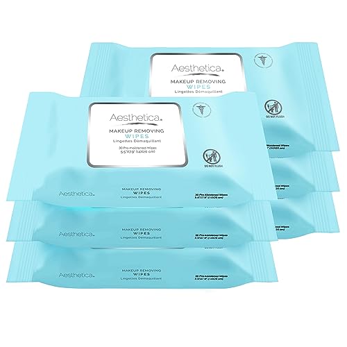 Aesthetica Makeup Removing Wipes – Face & Eye Makeup Remover Wipes – 6 Pack Bulk (180 Wipes Total) Hypoallergenic & Dermatologist Tested – Oil & Fragrance Free – Made in USA