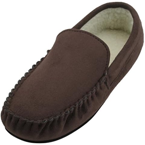 Slumberzzz Mens Faux Suede Borg Lined Moccasin Slipper Dark Brown 12 UK Cover