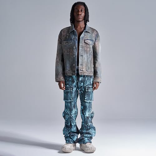 Men's Loose Stacked Denim Pants with Mid-Crotch Tie-dye Design, Casual with Multiple Pockets, Men's Denim Pants3