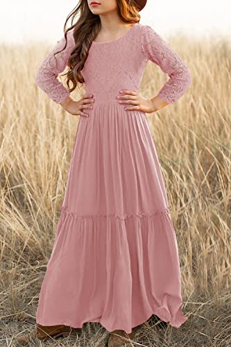 Image of MITILLY Girls Lace Flower Ruffle Sleeve A-Line Swing Wedding Party Maxi Dress with Pockets