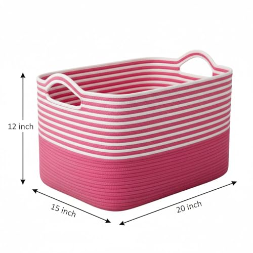 Image of Large Storage Basket, Woven Blanket Basket, Toy Basket with Handle, Laundry Hamper for Living Room, Nursery, Bedroom- 20x15x12 (LXWXH) (pink mix)
