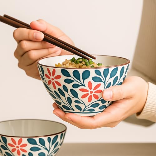 Image of YELONA Japanese Style Ceramic Bowls - 4.8 Inch (300ml), Set of 2 - Floral Design Rice /Noodle Bowls - Microwave & Dishwasher Safe, Ideal for Gifting Choice