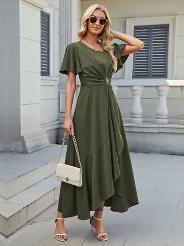 Image of QMZ Wedding Guest Dresses for Women V Neck Cocktail Dress Ruffle Sleeve A Line Evening Party Formal Dresses for Women