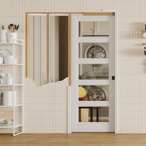 Image of Sliding Pocket Door with Lock, 30 inch x 80 inch, 5-Lite Clear Tempered Glass Pocket Doors with Frame and Hardware Kit Set, Interior Door Slab, White Primed - No Panel Assembly Required