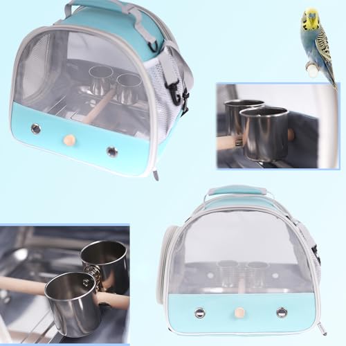 Image of Bird Carrier, Portable Small Bird Parrot Parakeet Carrier with Standing Perch and Stainless Steel Tray, Side Access Window Collapsible (Silver, Clamp Cups)