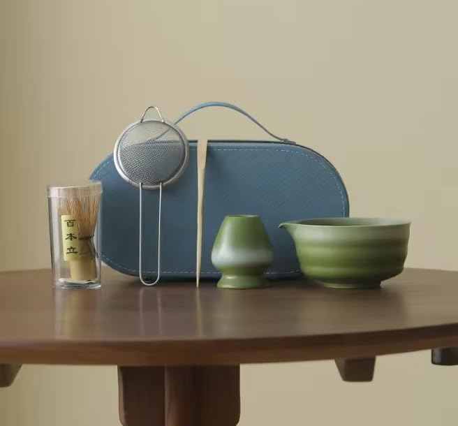 Premium Matcha Kit with Storage Case for Travel, Matcha Gift Set — Ceramic Bowl, Bamboo Whisk, Bamboo Holder, Sifter & Scoop (Blue)