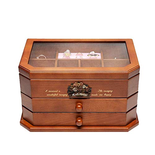 Boîte à bijoux en bois avec tiroir HMJGDHX, grand rangement bagues à plateau en verre