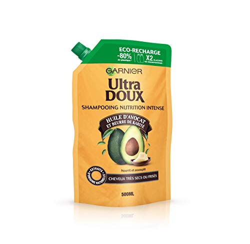 Garnier Ultra Doux Shampooing Nutrition Intense Huile d'Avocat & Beurre de Karité, Pour Cheveux très Secs ou Frisés, Eco-Recharge, 500 ml