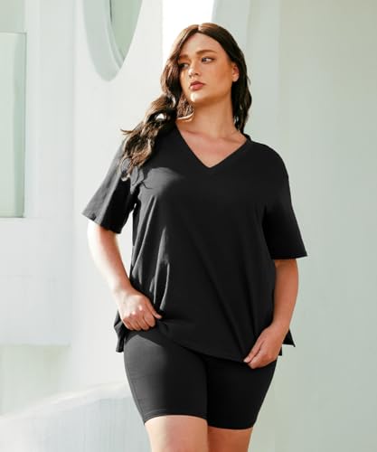 RITERA Plus Size 2 Piece Outfits For Women Shorts Sleeve Biker Shorts Summer Tracksuit V Neck Spilt Hem XL-5XL2