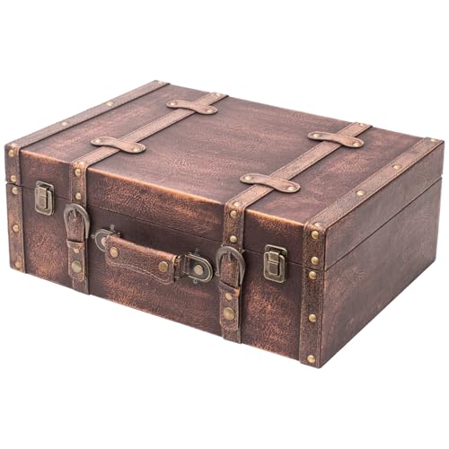HMF Coffre décoratif vintage en bois avec couvercle et poignée en cuir, boîte de rangement élégante et idée cadeau pour mariage ou anniversaire |...