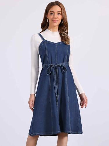 Allegra K Women Midi Denim Dress Sleeveless Sweetheart Neck Smocked Cross Back A-Line Belted Jean Dresses3