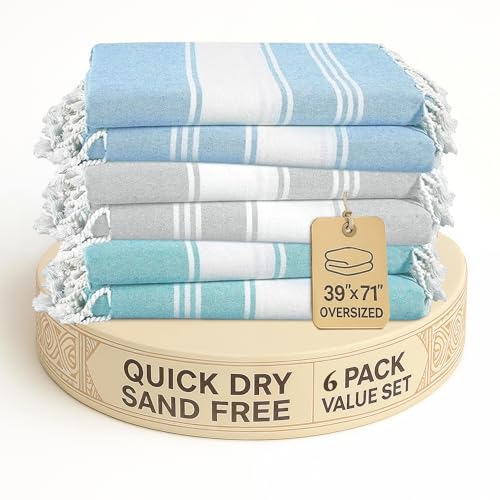 LANE LINEN Beach Towels 6 Pack, Bulk Beach Towels Oversized, Pool Towels for Adults, Pre-Washed, Sand Free Beach Towel, Fast Drying Beach Towel, 39'x71' - Classic Color