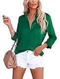 OMSJ Women's Button Down Shirts Satin V Neck Long Sleeve Casual Work Blouse Tops with Pocket (1173L, Green)