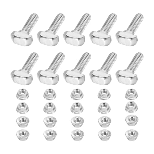 PATIKIL Tornillo de Cabeza Martillo T M6x20, 10 Pcs T Slot Drop In Bolt Hammer Head Bolts con 10 Pcs de Tuerca Hexagonal con Brida para Perfil de Aluminio Estándar Europeo de la Serie 2020
