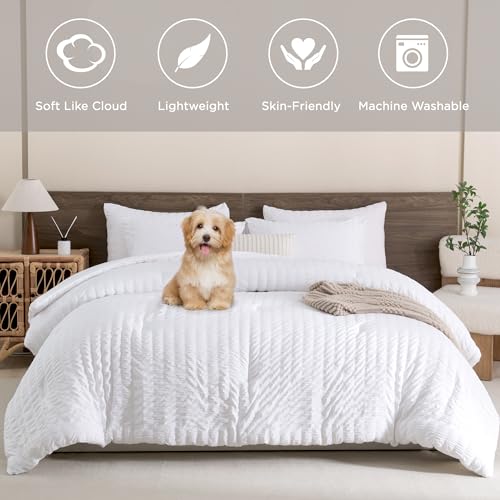 Andency SEERSUCKER WHITE K King Size Comforter Set White, 3 Pieces Seersucker Bedding Comforter Sets thumb #1