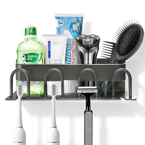 Portaspazzolino da Muro Senza Buco, Portaspazzolini in Alluminio Spaziale Antiruggine per 4 Persone, Organizer Bagno Grigio Antracite per Spazzolino Elettrico e Dentifricio, Adesivo Salvaspazio