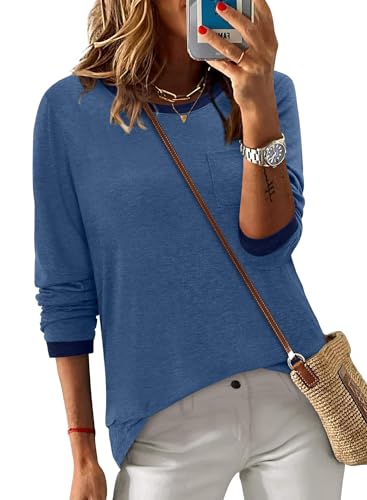 ONLYSHE Women's Casual Striped Long Sleeve Tops Crew Neck Knit Basic Loose Fit T Shirts Fall Fashion Tunic Outfits