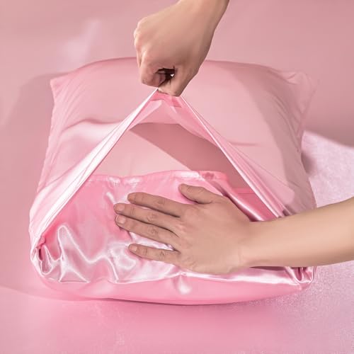 VACVELT 3-Piece Satin Fitted Sheet Set Queen Size, Pink Bottom Bed Sheet with 2 Pillowcases, Similar to Silk Sheets, Luxury & Silky Bedding Set, 15 Inch Deep Pocket - Image 6