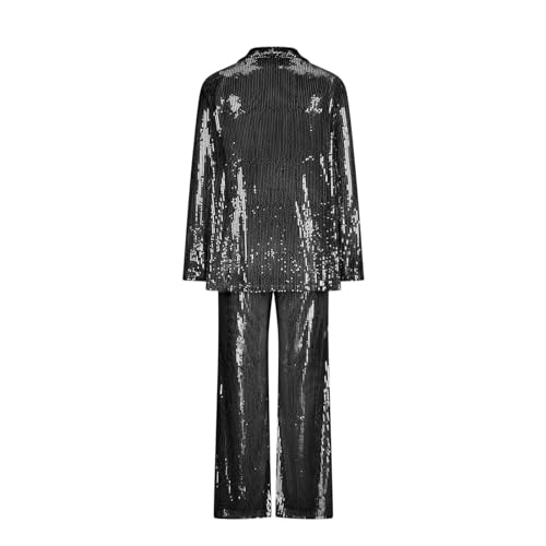 Women's Glitter 2 Piece Outfits Long Sleeve Open Front Sparkly Blazer Cardigan and Wide Leg Pants Set Party4