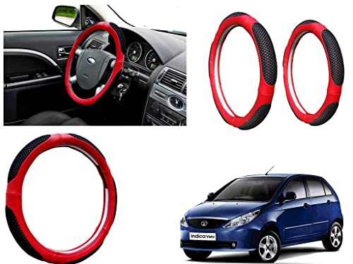 Image of Microfiber Car Steering Wheel Cover, Soft Padding Great Hand Feel, Anti-Slip, Faux Leather Steering Cover for Tata Indica Vista | Black Red Jali - Pack of 1